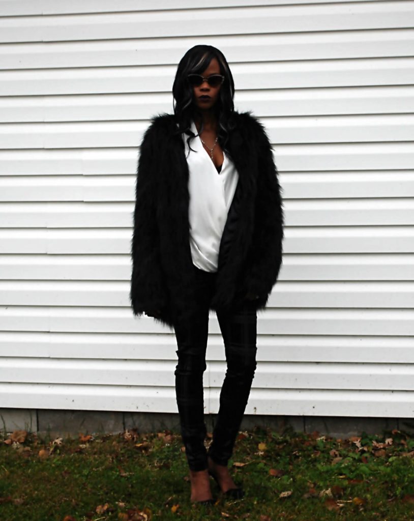 Style My Dreams Blog, Winnipeg Fashion Blogger, Faux fur coat, Faux Fur Jacket, White wrap top, 7 for all mankind black denim, black plaid denim, Michael Kors, Michael Kors black clutch