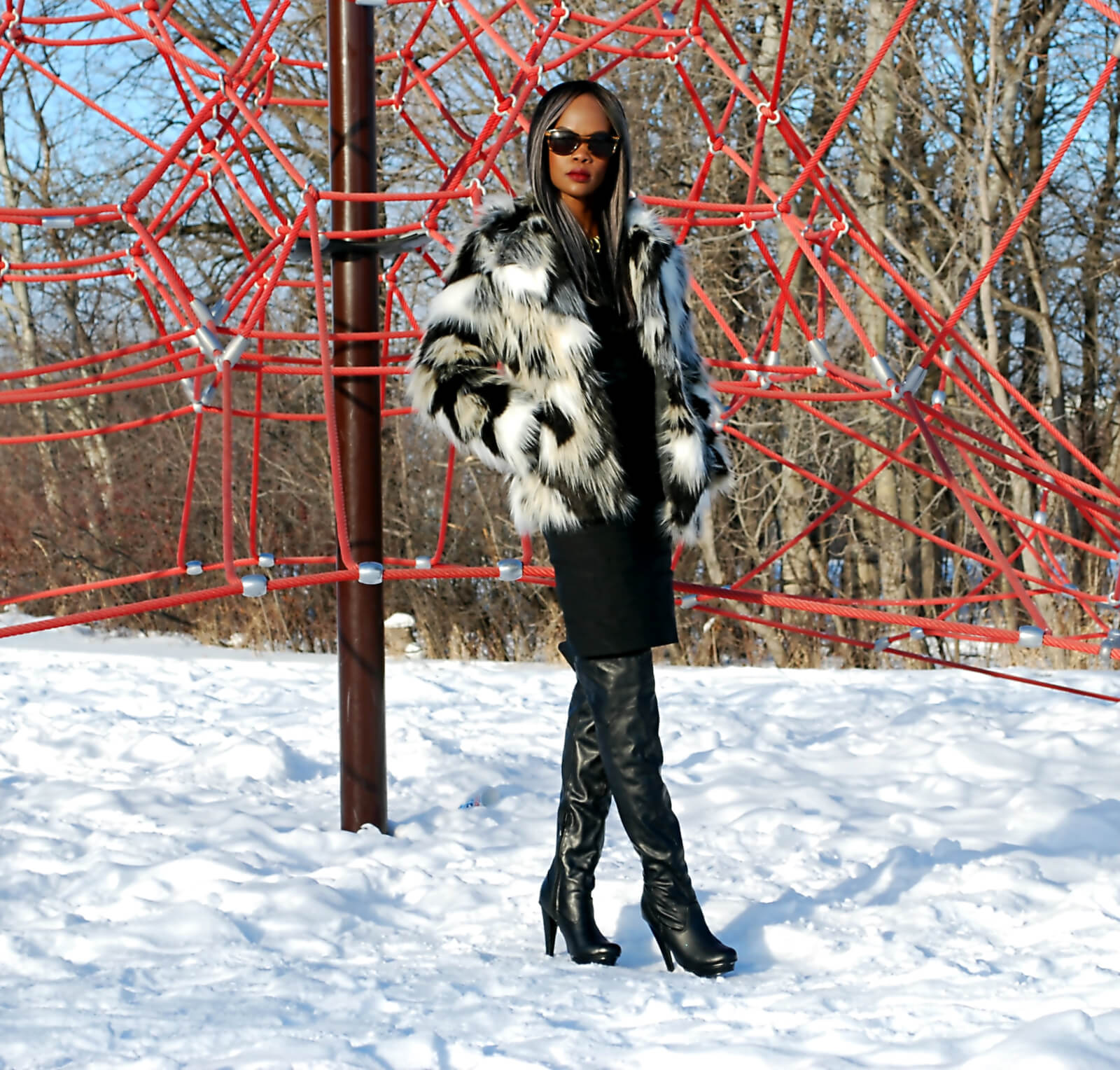 Faux fur coat, H&M faux fur black and white coat, irresistible me hair extensions, remy hair, winnipeg fashion blogger, steve madden over the knee boots, style my dreams blog, black sheath dress, Judith & Charles sheath dress